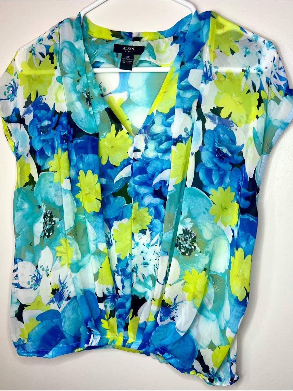 Alfani Petite Floral Chiffon Blouse 10P Blue Green Scarf Tie Top